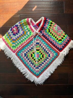 Handmade Granny Square Multicolor Crochet Poncho with Fringe
